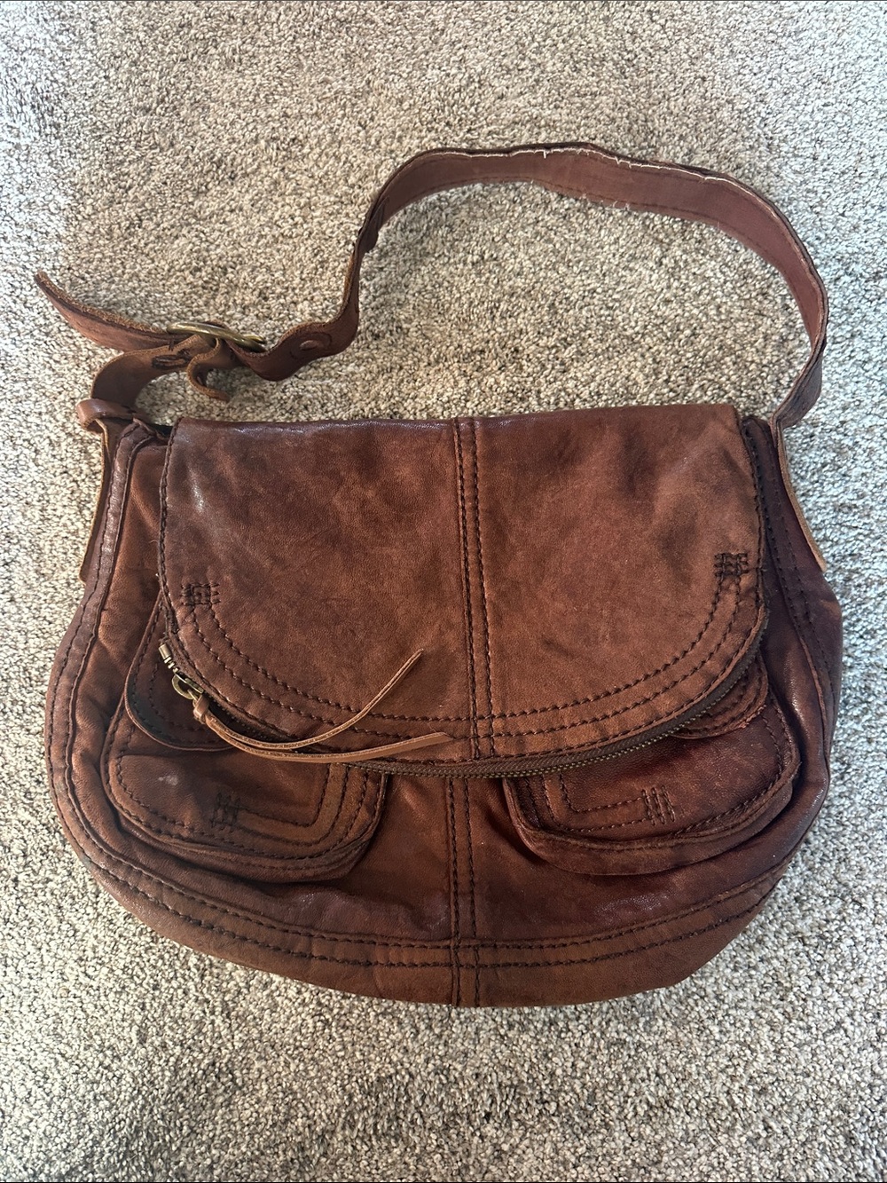 Lucky Brand Distressed Brown Leather Flap Shoulder Bag